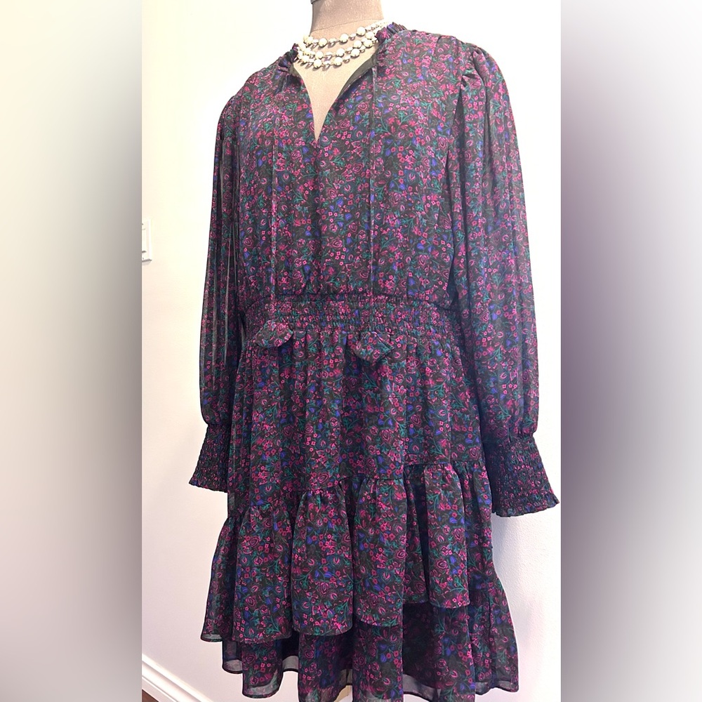 BCBG Ruffled Smocked Sheer Long-Sleeve Midi Dress Purple Pink Dark Floral